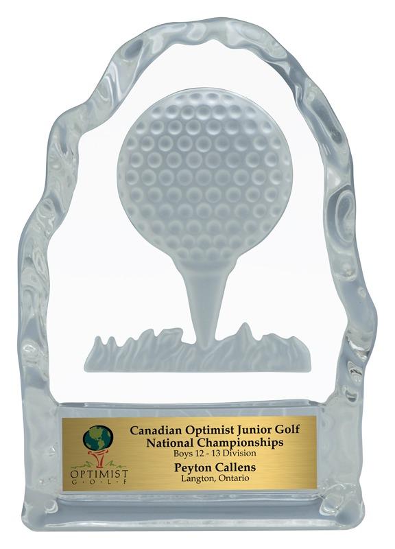 Clear crystal award resembling a golf ball, presented on a stand, found in Edmonton, AB