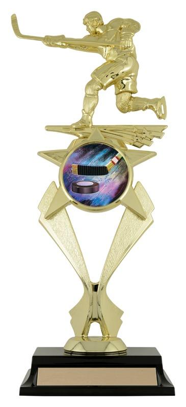 Hockey trophy displayed with a man celebrating on the ice in Edmonton, AB