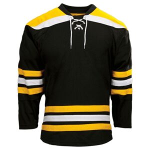 Boston Away hockey jersey in black and yellow with white stripes, displayed in Edmonton, AB