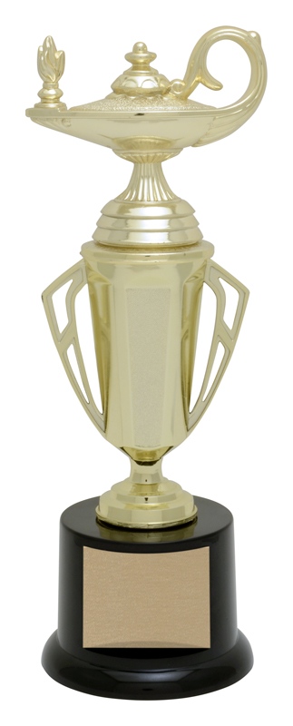 Golden magic lamp trophy on a black base, labeled as the Bravo Cup, located in Edmonton, AB