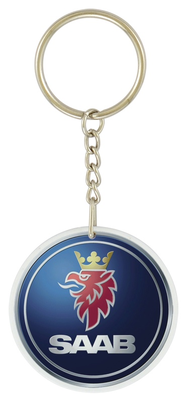 Sublimated PVC round keychain featuring a Saab logo on a white background, located in Edmonton, AB