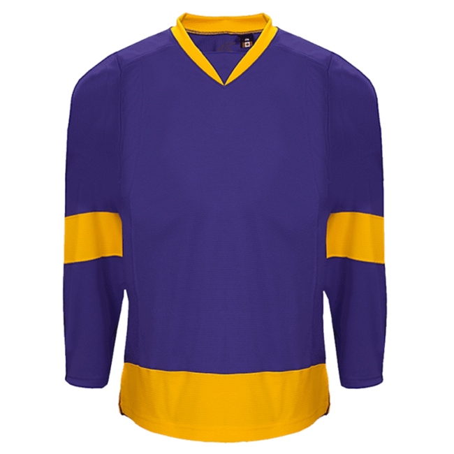 Purple and gold Los Angeles hockey jersey displayed as a promotional apparel item in Alberta, CA
