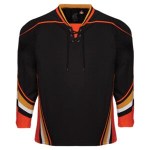 Black, orange, and gold Anaheim Away hockey jersey displayed as a promotional apparel item in Alberta, CA