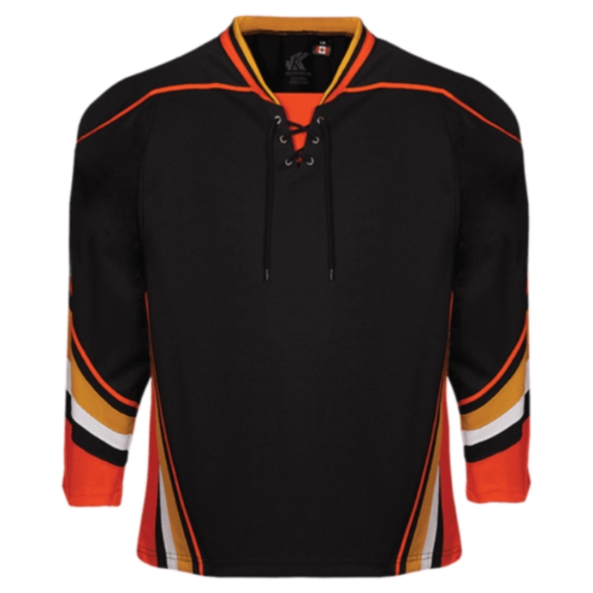 Black, orange, and gold Anaheim Away hockey jersey displayed as a promotional apparel item in Alberta, CA