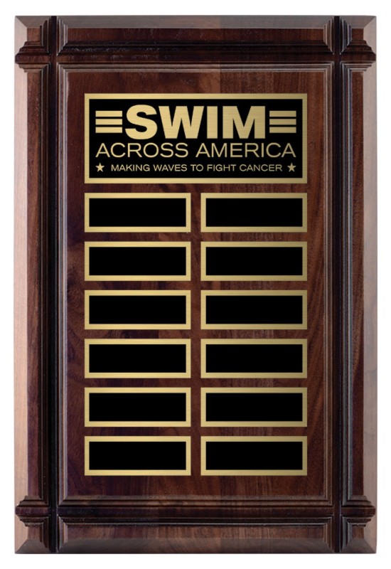 Walnut finish recognition plaque featuring gold plates for engraved names, shown as a promotional award item in Alberta, CA