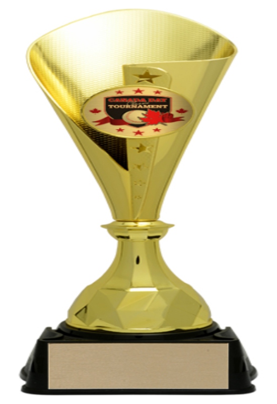 Gold Bruno Cup trophy with Canada Day Tournament emblem shown as a promotional award item in Alberta, CA