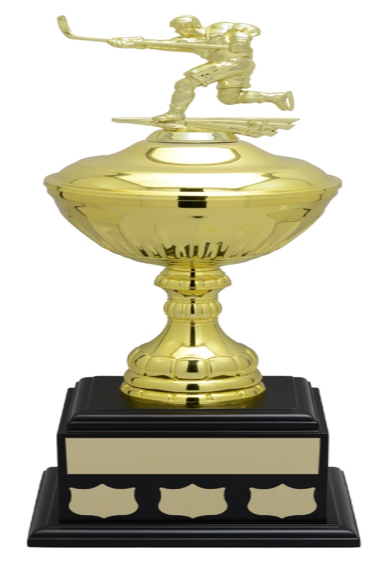 Golden Casilina Cup award featuring a hockey player figure showcased as a promotional trophy in Alberta, CA