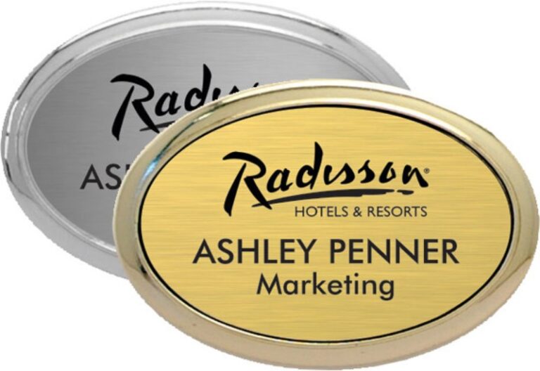 Gold oval badge holder with engraved marketing nameplate displayed for promotional use in Alberta, CA.