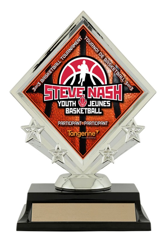 Silver diamond‑shaped basketball award with star accents and an engraved plate displayed on a stand in Alberta, CA.