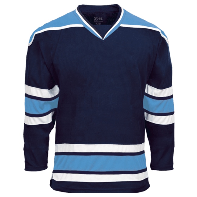 Navy blue hockey jersey with white and light blue stripes displayed on a neutral background in Alberta, CA