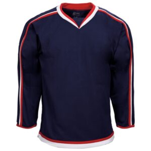 Navy blue Columbus Away hockey jersey with red and white trim displayed on a plain background in Alberta, CA