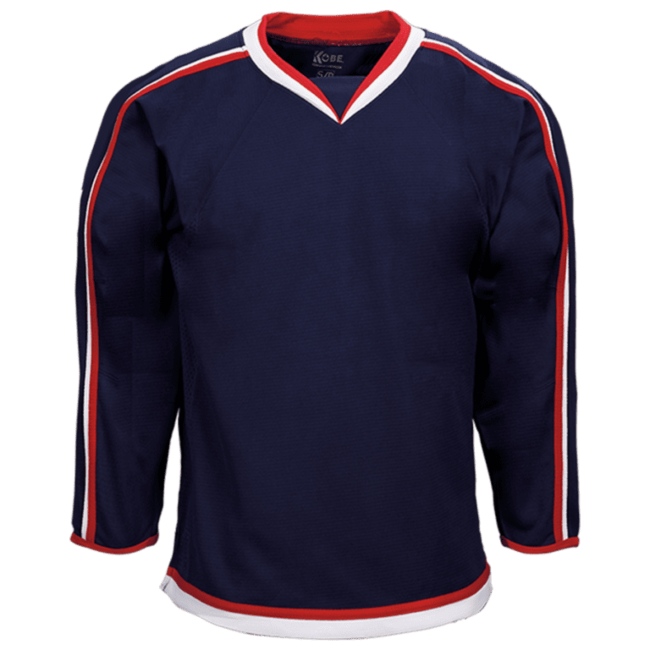 Navy blue Columbus Away hockey jersey with red and white trim displayed on a plain background in Alberta, CA