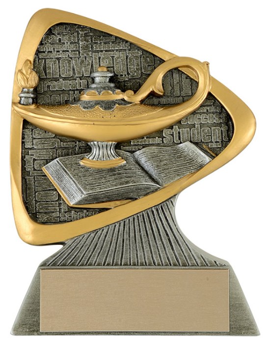 Golden academic lamp trophy with open book and engraved background displayed on a pedestal in Alberta, CA