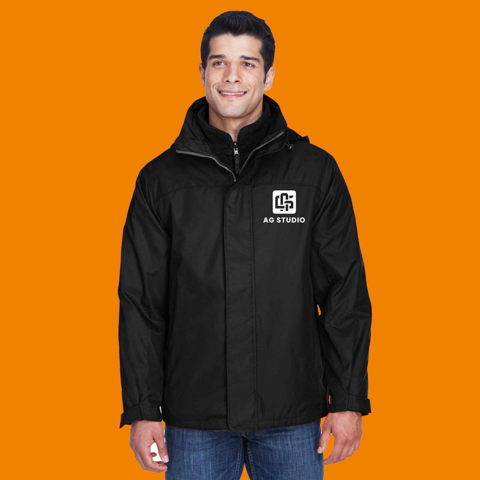 Custom branded black jacket showcasing logo embroidery for promotional apparel in Alberta, CA