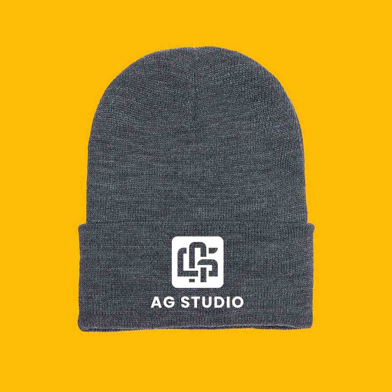 Custom branded knit beanie with embroidered logo for promotional apparel in Alberta, CA