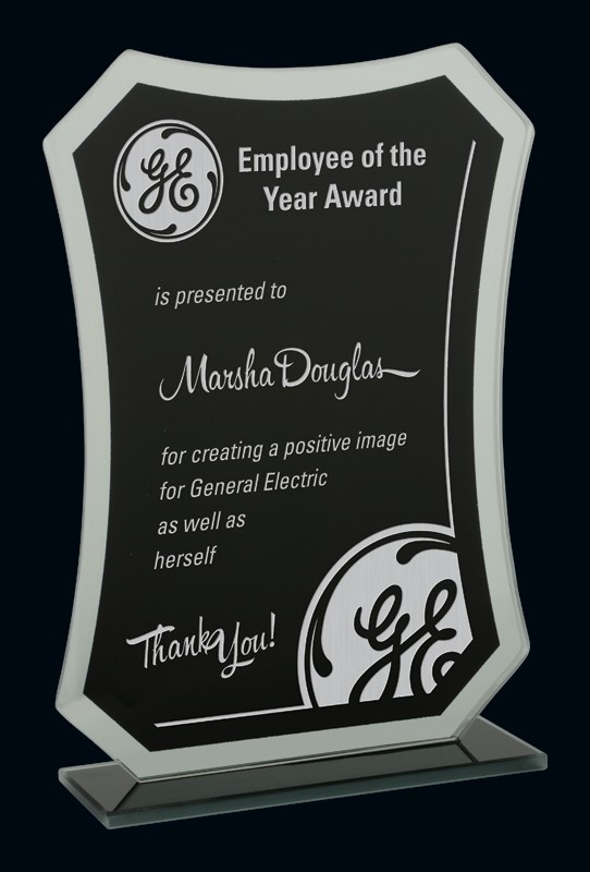 Custom engraved glass employee of the year award plaque for corporate recognition in Alberta, CA