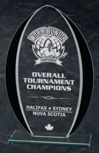 Custom engraved glass championship award for tournament winners and sports recognition in Alberta, CA