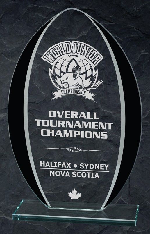 Custom engraved glass championship award for tournament winners and sports recognition in Alberta, CA