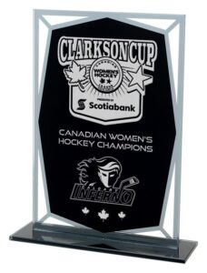 Custom engraved glass award plaque for hockey championship and sports recognition in Alberta, CA