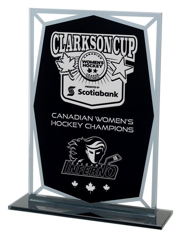 Custom engraved glass award plaque for hockey championship and sports recognition in Alberta, CA