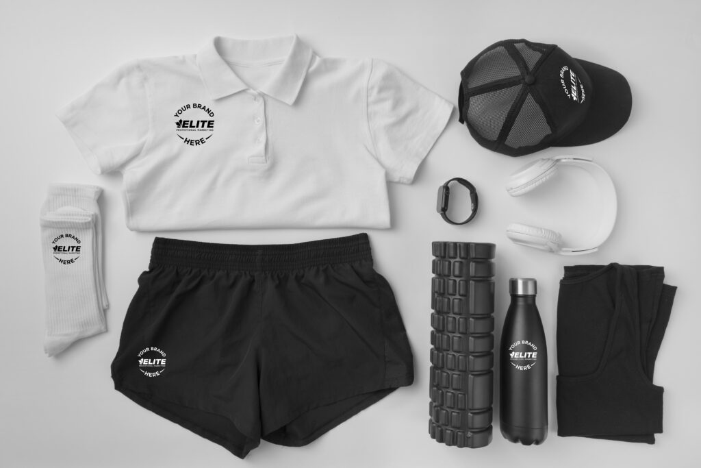 top view composition with neatly arranged organized sport items copy